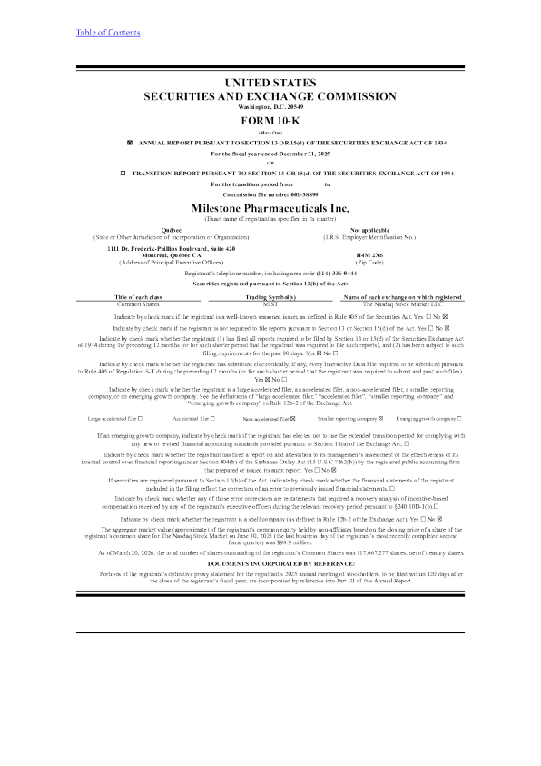 Milestone Pharmaceuticals Inc 2025年度报告