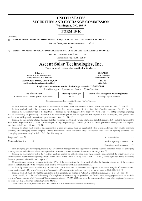 Ascent Solar Technologies Inc 2025年度报告