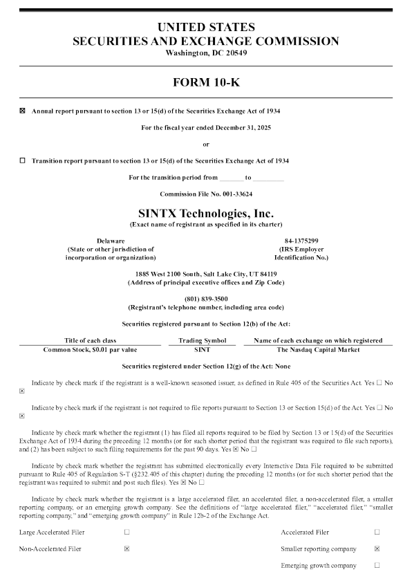 Sintx Technologies Inc 2025年度报告
