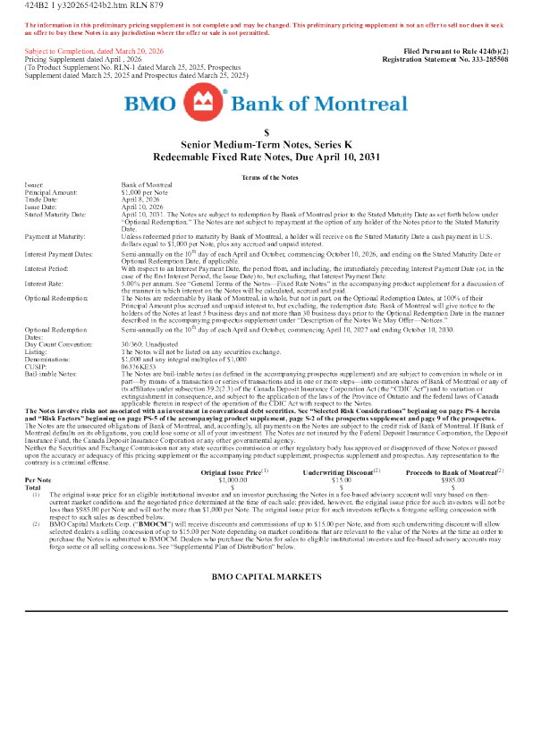 蒙特利尔银行美股招股说明书(2026-03-20版)