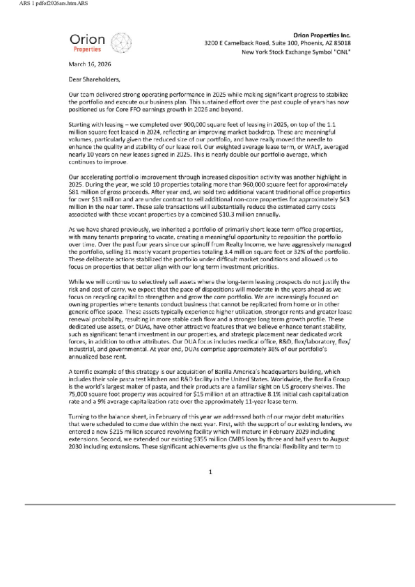 Orion Properties Inc 2025年度报告