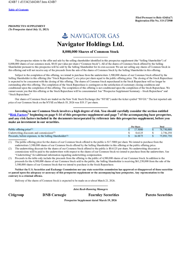 Navigator Holdings Ltd 2026年3月20日版美国存根股招股说明书
