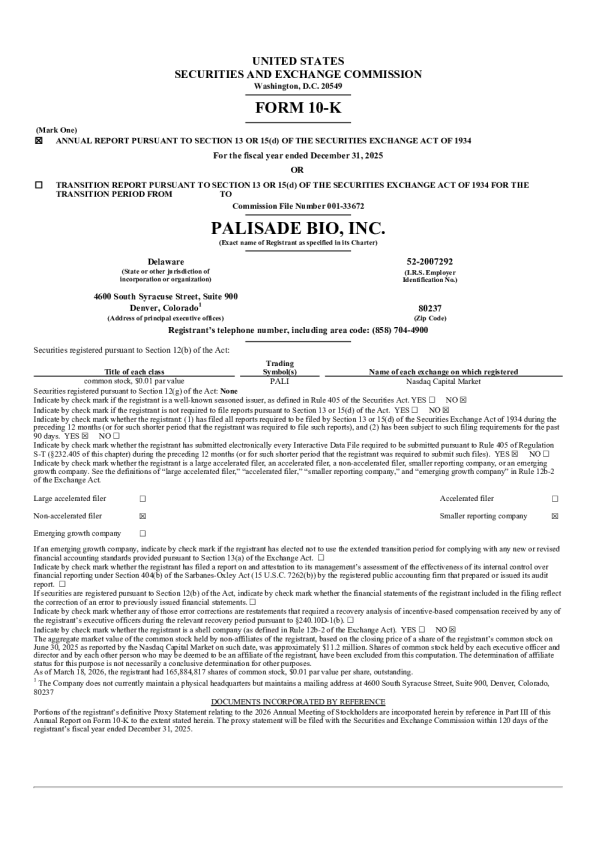 Palisade Bio Inc 2025年度报告