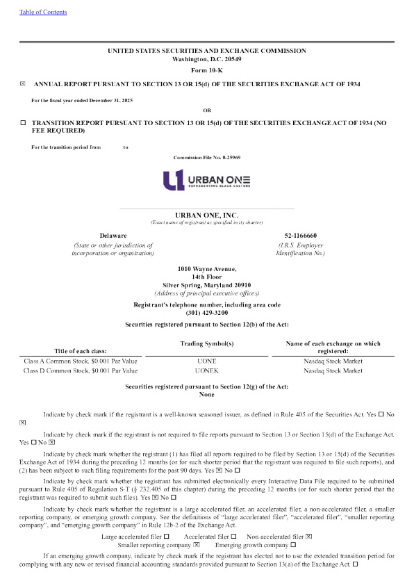 Urban One Inc-A 2025年度报告