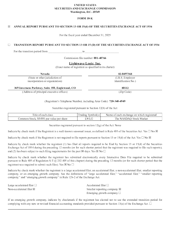 Lightwave Logic Inc 2025年度报告