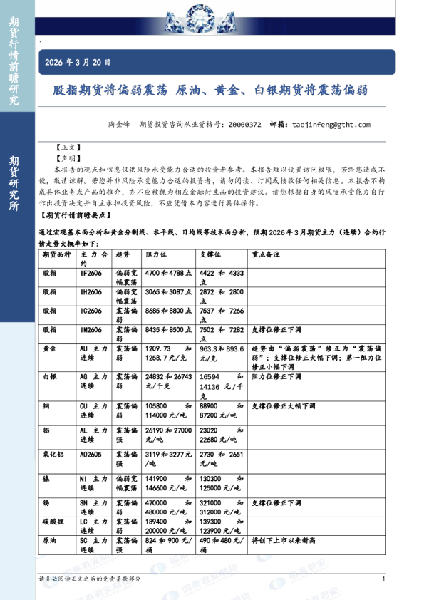 股指期货将偏弱震荡原油、黄金、白银期货将震荡偏弱