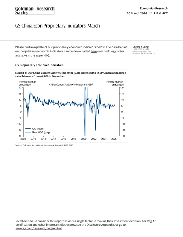 高盛中国专有经济指标：3月