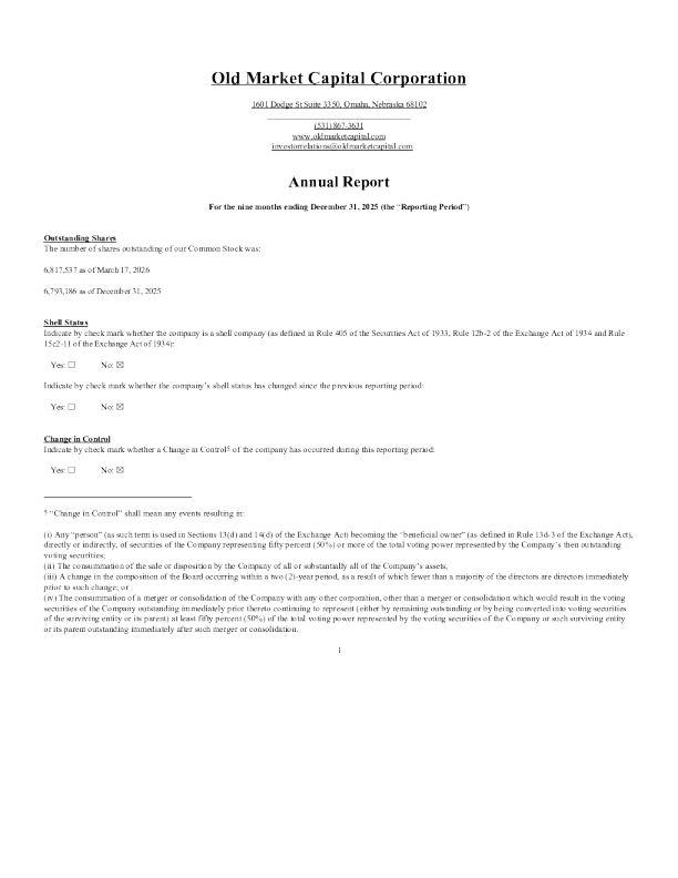 Old Market Capital Corp 2025年度报告