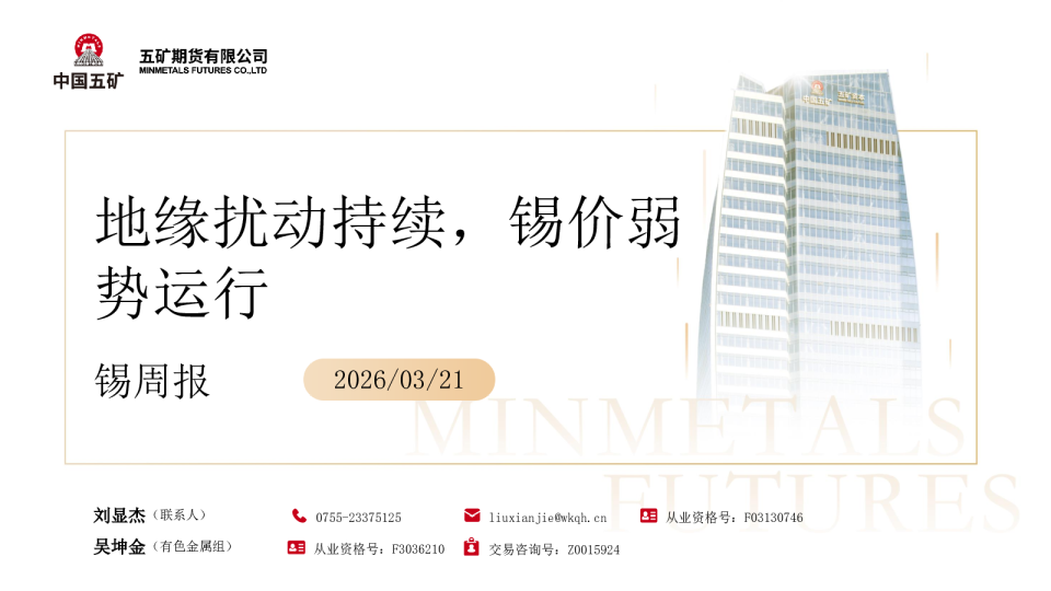 锡周报：地缘扰动持续，锡价弱势运行