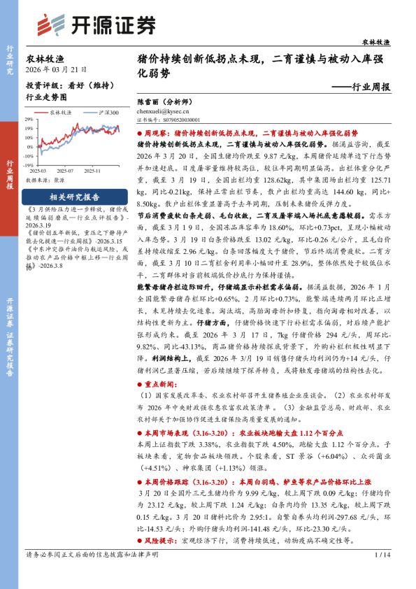 行业周报：猪价持续创新低拐点未现，二育谨慎与被动入库强化弱势