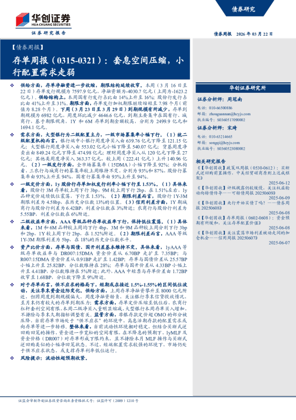 套息空间压缩,小行配置需求走弱:存单周报(0315-0321)