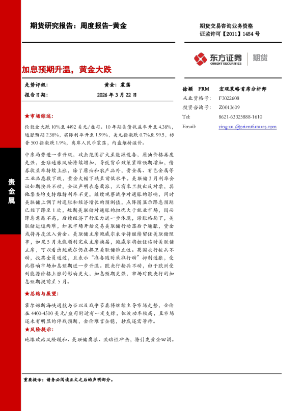 加息预期升温，黄金大跌
