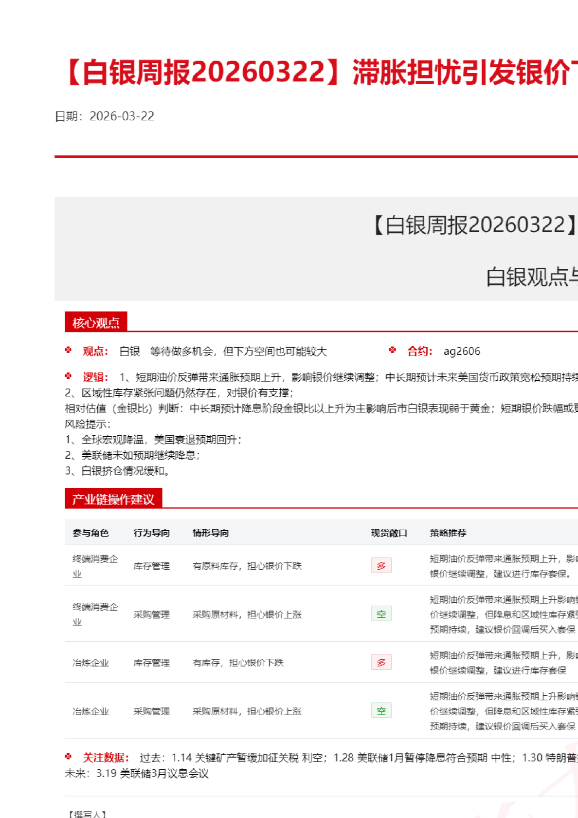 【白银周报】滞胀担忧引发银价下跌 白银观点与周度综述