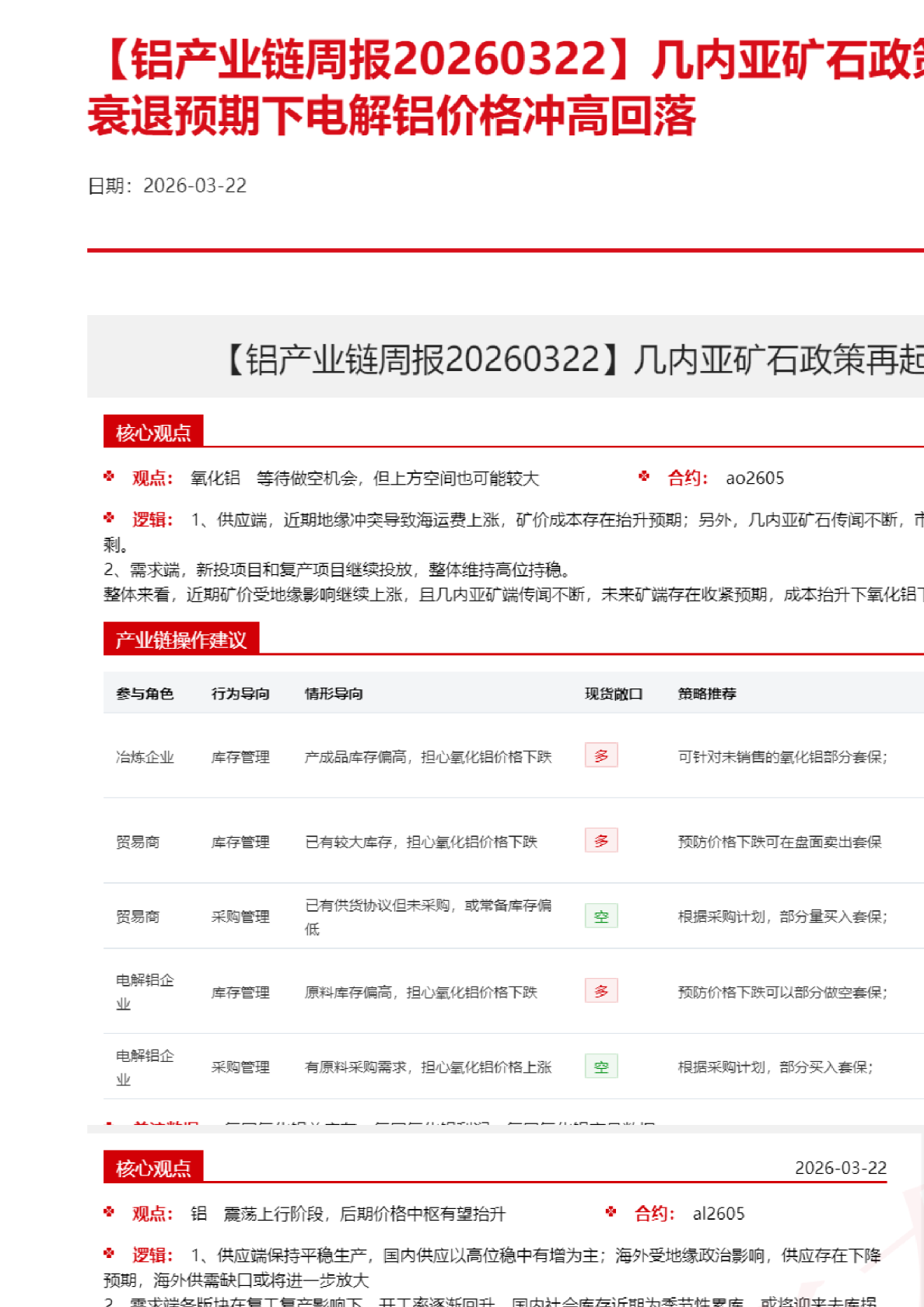 【铝产业链周报】几内亚矿石政策再起氧化铝区间震荡 衰退预期下电解铝价格冲高回落