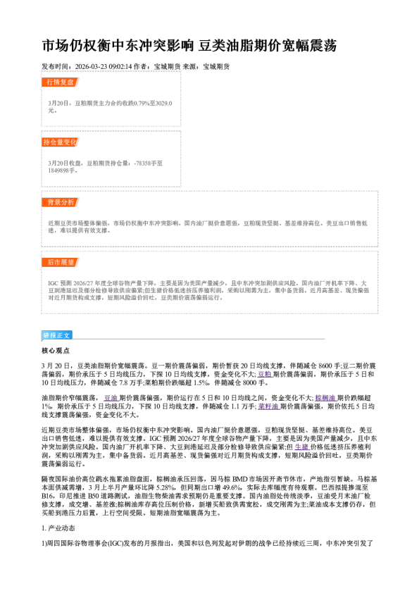 市场仍权衡中东冲突影响 豆类油脂期价宽幅震荡