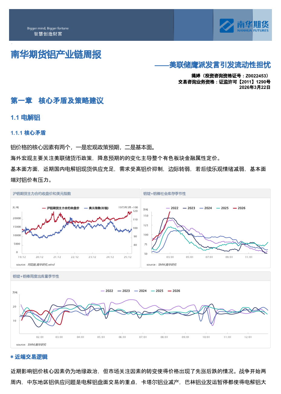 南华期货铝产业链周报：美联储鹰派发言引发流动性担忧