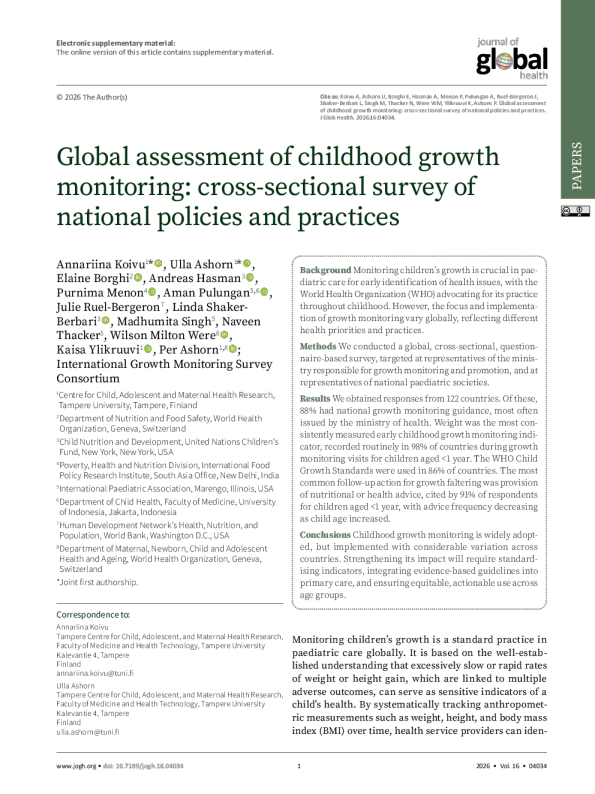 全球儿童成长监测评估：国家政策和做法的横断面调查