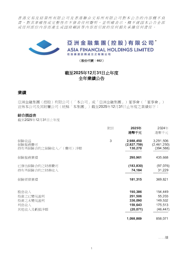 亚洲金融：截至2025年12月31日止年度全年业绩公告