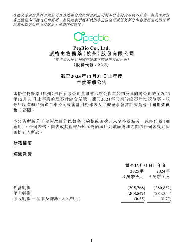 派格生物医药-B：截至2025年12月31日止年度年度业绩公告