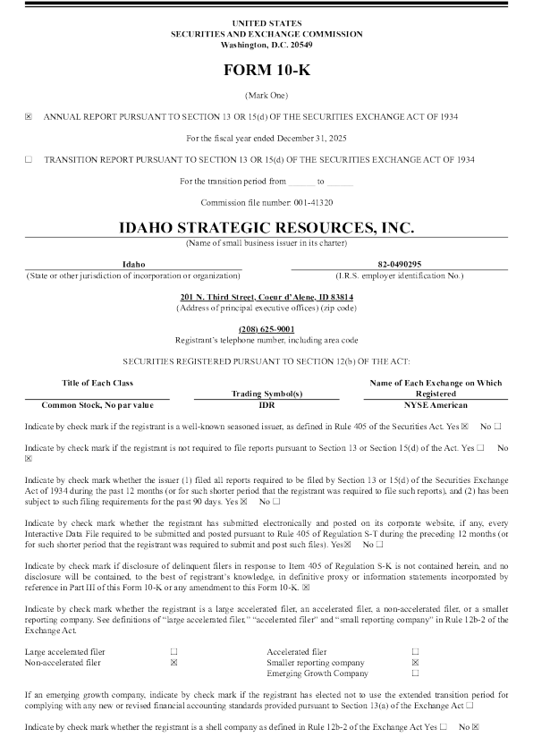 Idaho Strategic Resources Inc 2025年度报告