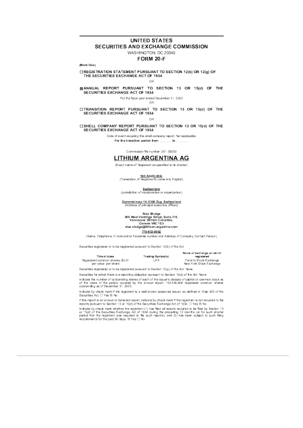 Lithium Argentina AG 2026年年度报告和过渡报告