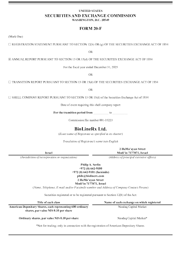 BioLineRx Ltd ADR 2026年年度报告和过渡报告
