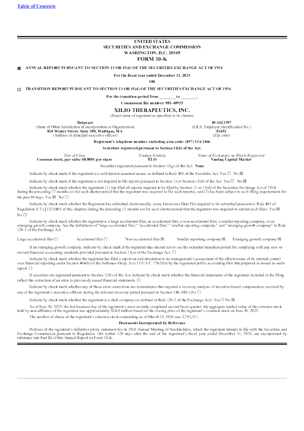 Xilio Therapeutics Inc 2025年度报告