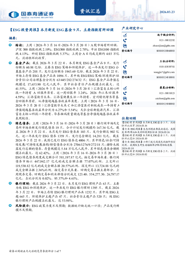 本月新发ESG基金9只,主要指数有所回调