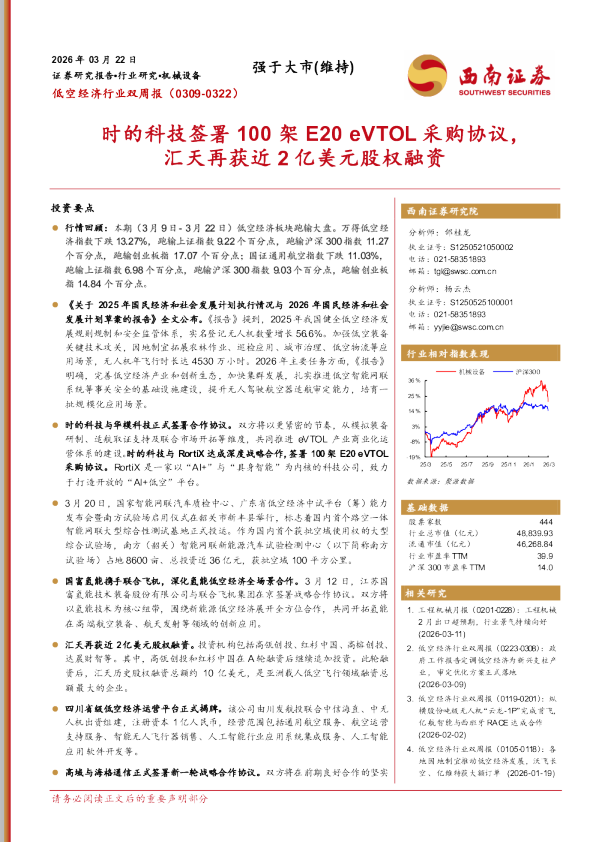低空经济行业双周报：时的科技签署100架E20eVTOL采购协议，汇天再获近2亿美元股权融资