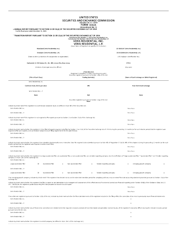 Veris Residential Inc 2025年度报告
