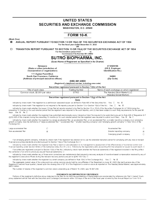 Sutro Biopharma Inc 2025年度报告