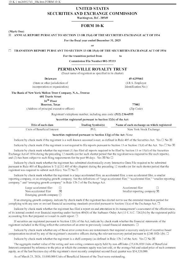 Permianville Royalty Trust 2025年度报告