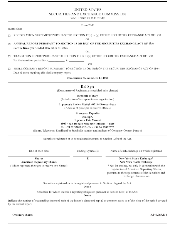 埃尼石油 2026年年度报告和过渡报告