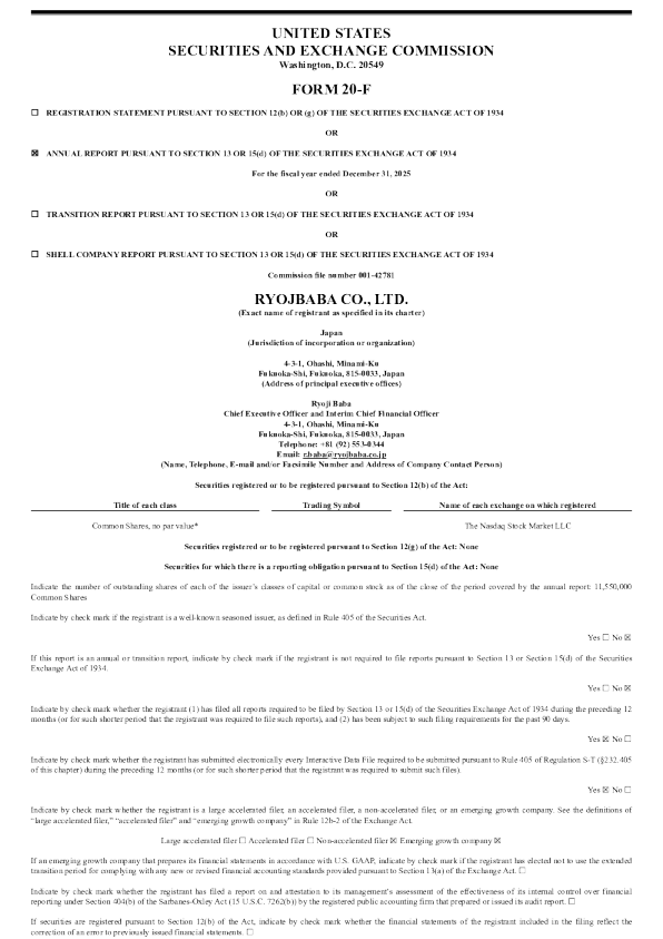 rYojbaba Co Ltd 2026年年度报告和过渡报告