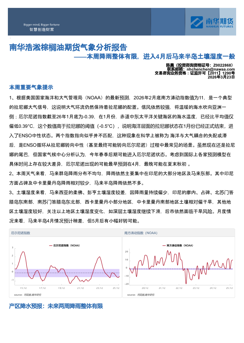 南华浩淞棕榈油期货气象分析报告：本周降雨整体有限，进入4月后马来半岛土壤湿度一般