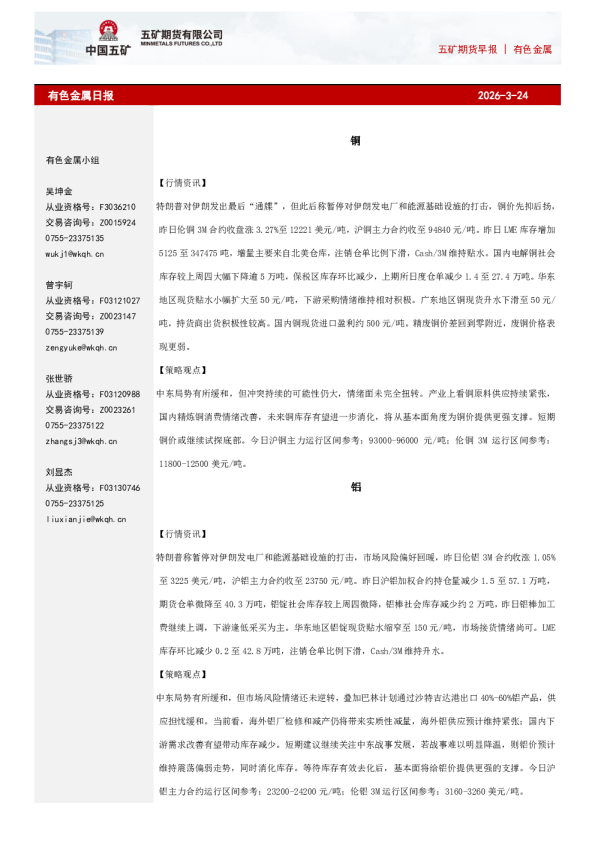 五矿期货早报|有色金属：有色金属日报