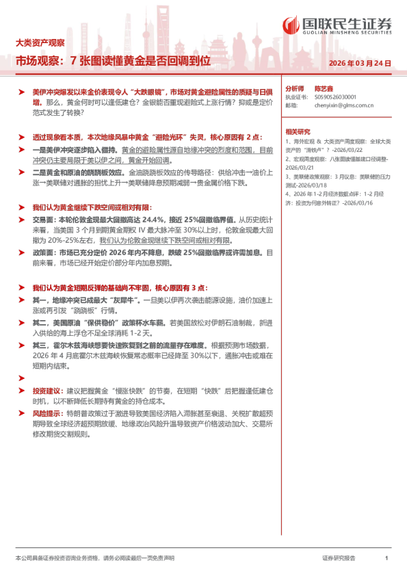 大类资产观察：市场观察：7张图读懂黄金是否回调到位