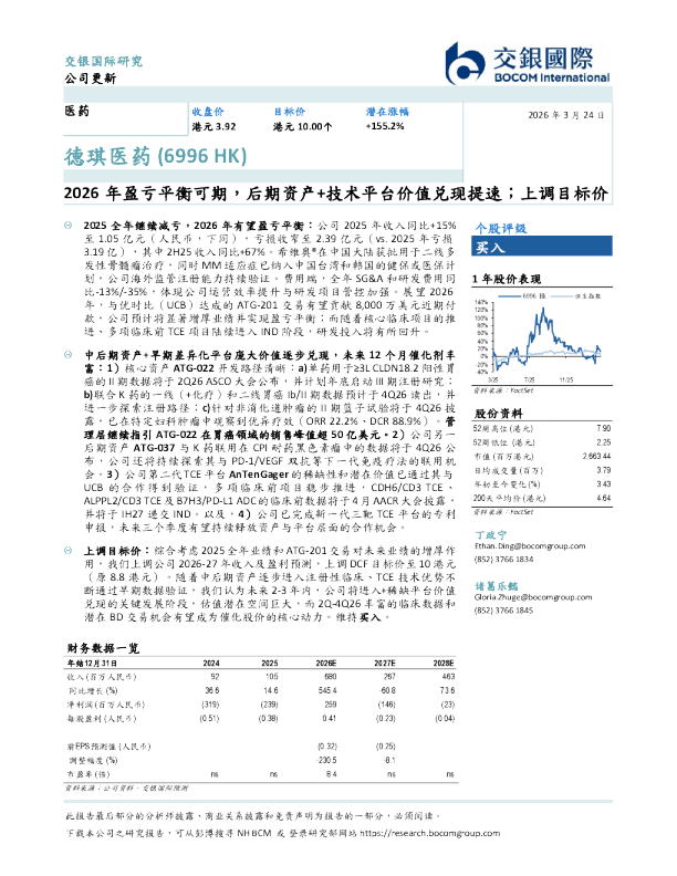 2026年盈亏平衡可期,后期资产+技术平台价值兑现提速;上调目标价