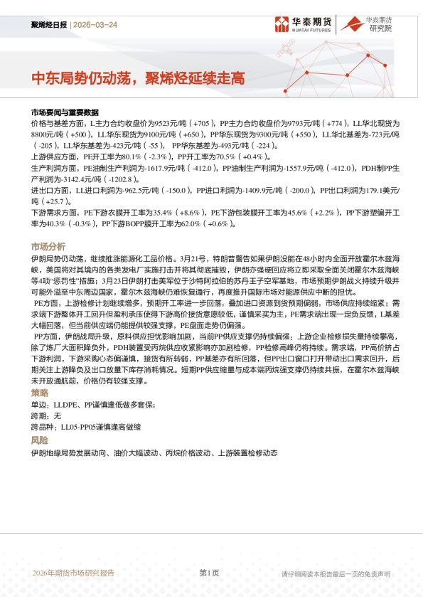 聚烯烃日报：中东局势仍动荡，聚烯烃延续走高