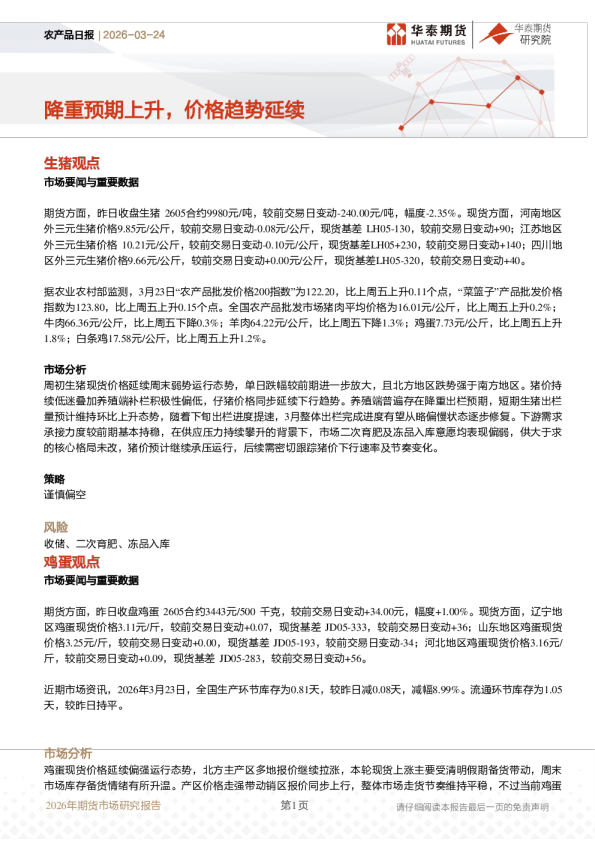 农产品日报：降重预期上升，价格趋势延续