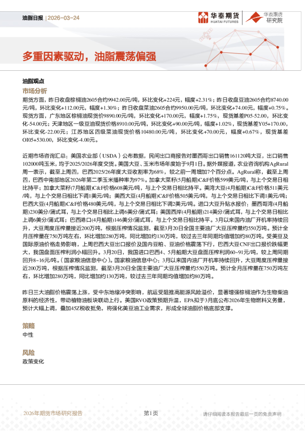 油脂日报：多重因素驱动，油脂震荡偏强