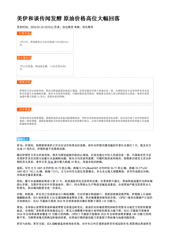 美伊和谈传闻发酵 原油价格高位大幅回落