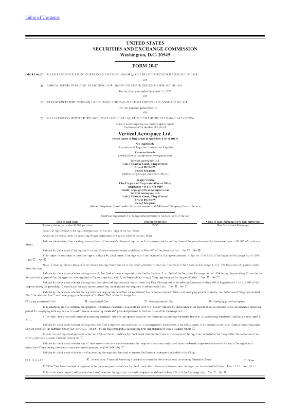 Vertical Aerospace Ltd 2026年年度报告和过渡报告