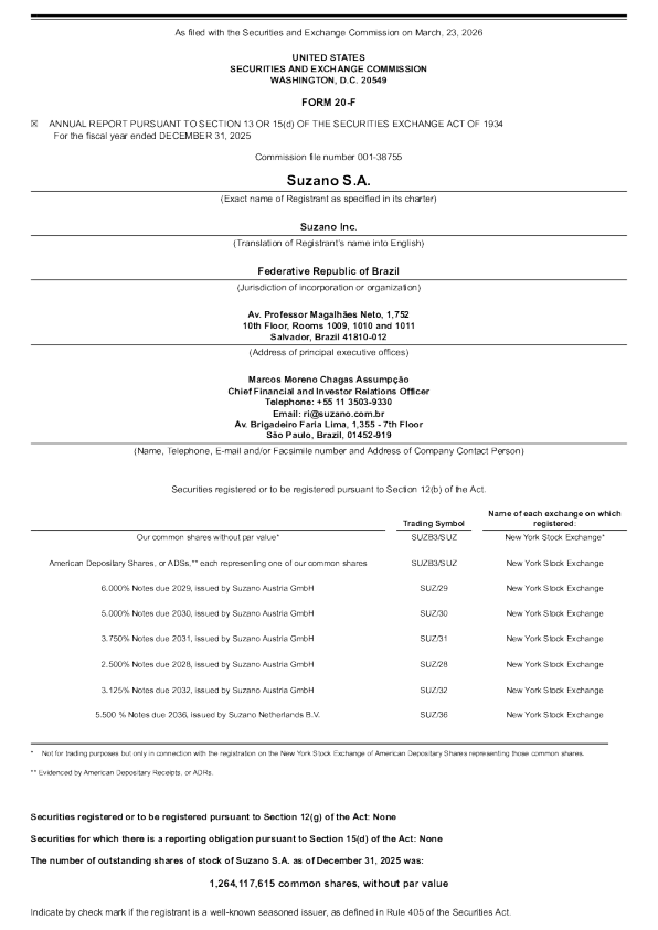 Suzano SA ADR 2026年年度报告和过渡报告