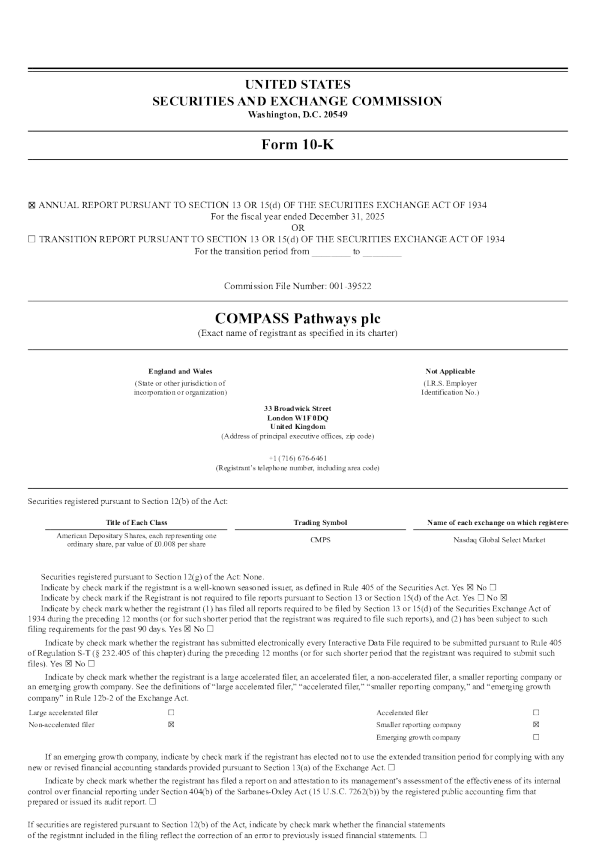 COMPASS Pathways plc ADR 2025年度报告
