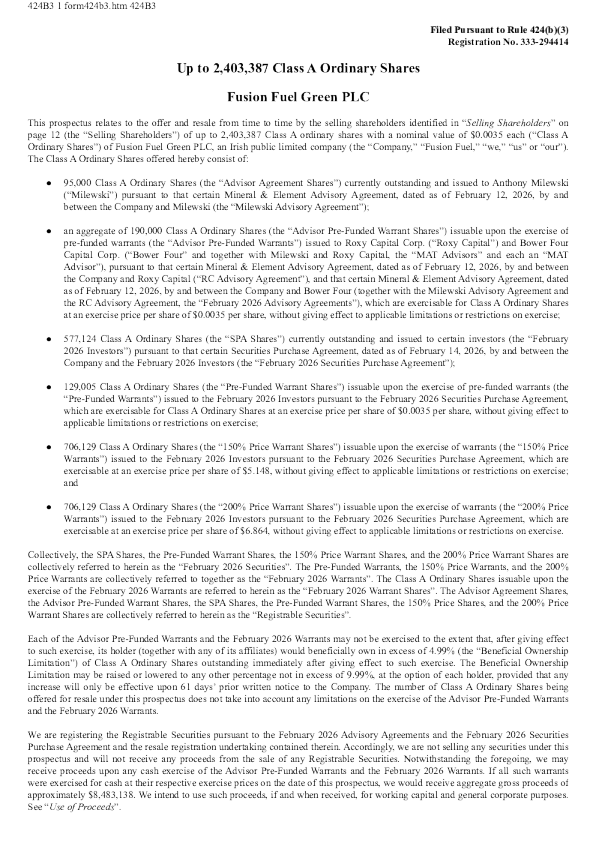 Fusion Fuel Green PLC-A美股招股说明书(2026-03-24版)