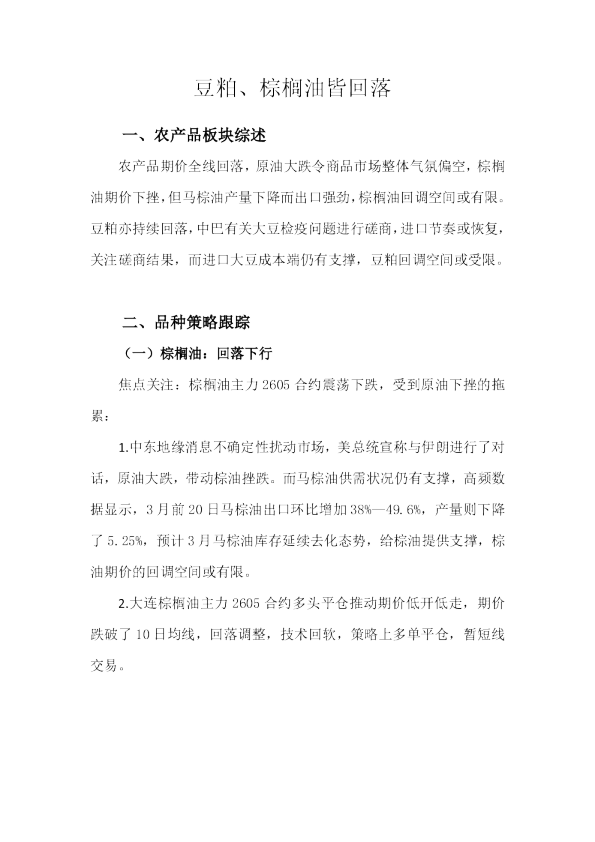 豆粕、棕榈油皆回落