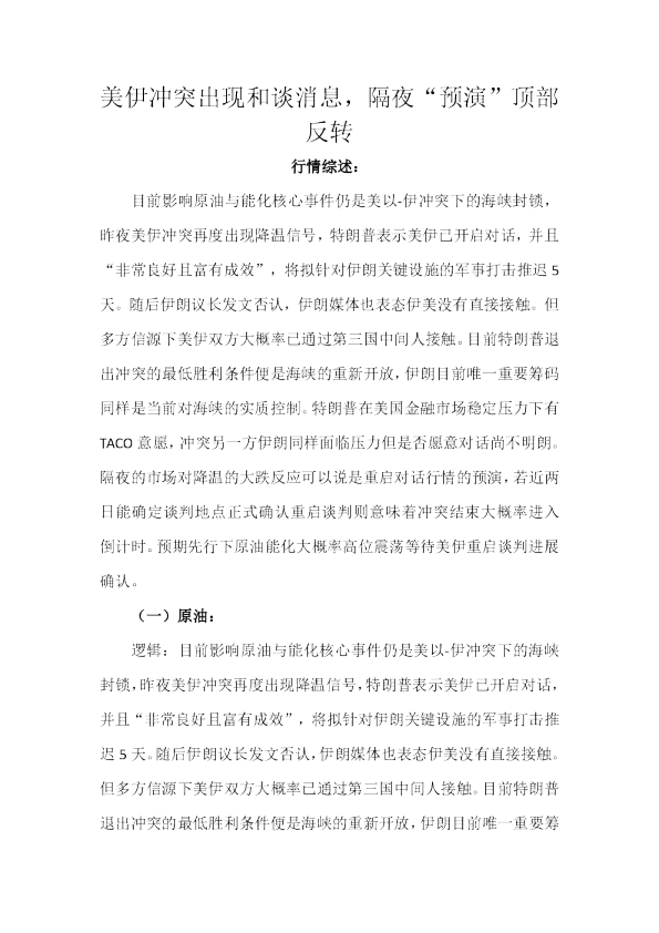 美伊冲突出现和谈消息，隔夜“预演”顶部反转
