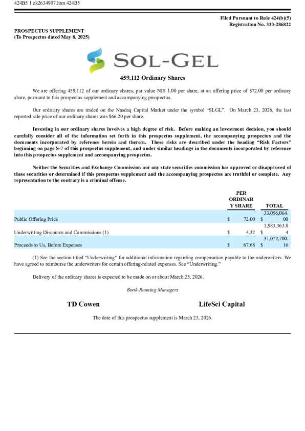 Sol-Gel Technologies Ltd美股招股说明书(2026-03-24版)