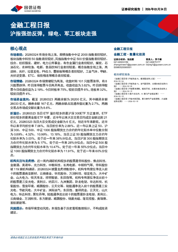 金融工程日报:沪指强劲反弹,绿电、军工板块走强